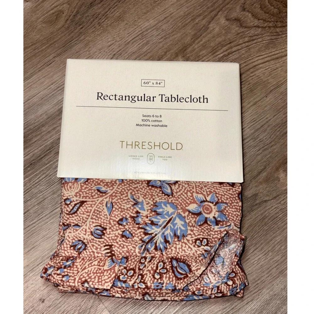 Threshold Rectangular Tablecloth 60x84 Cotton Floral Blue Terracotta Seats 6-8